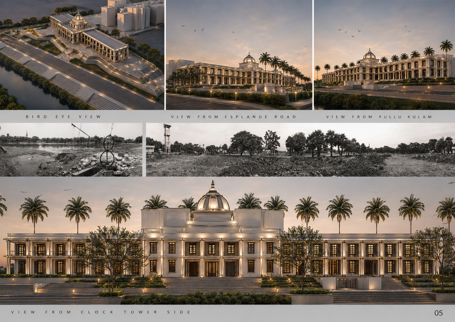 Jaffna Cultural Podium bird's-eye view and clock-tower elevation