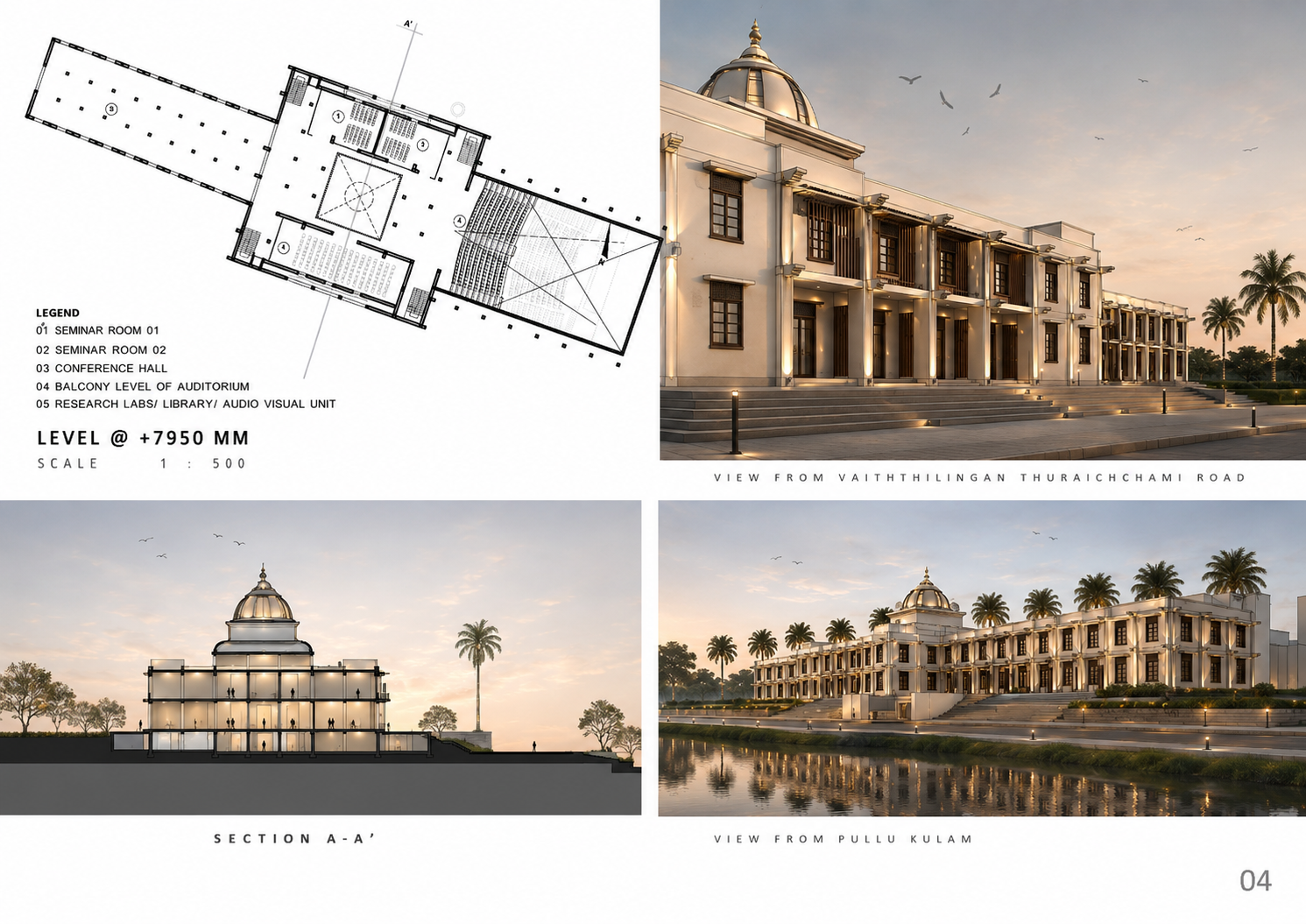 Jaffna Cultural Podium upper-level plan and elevations