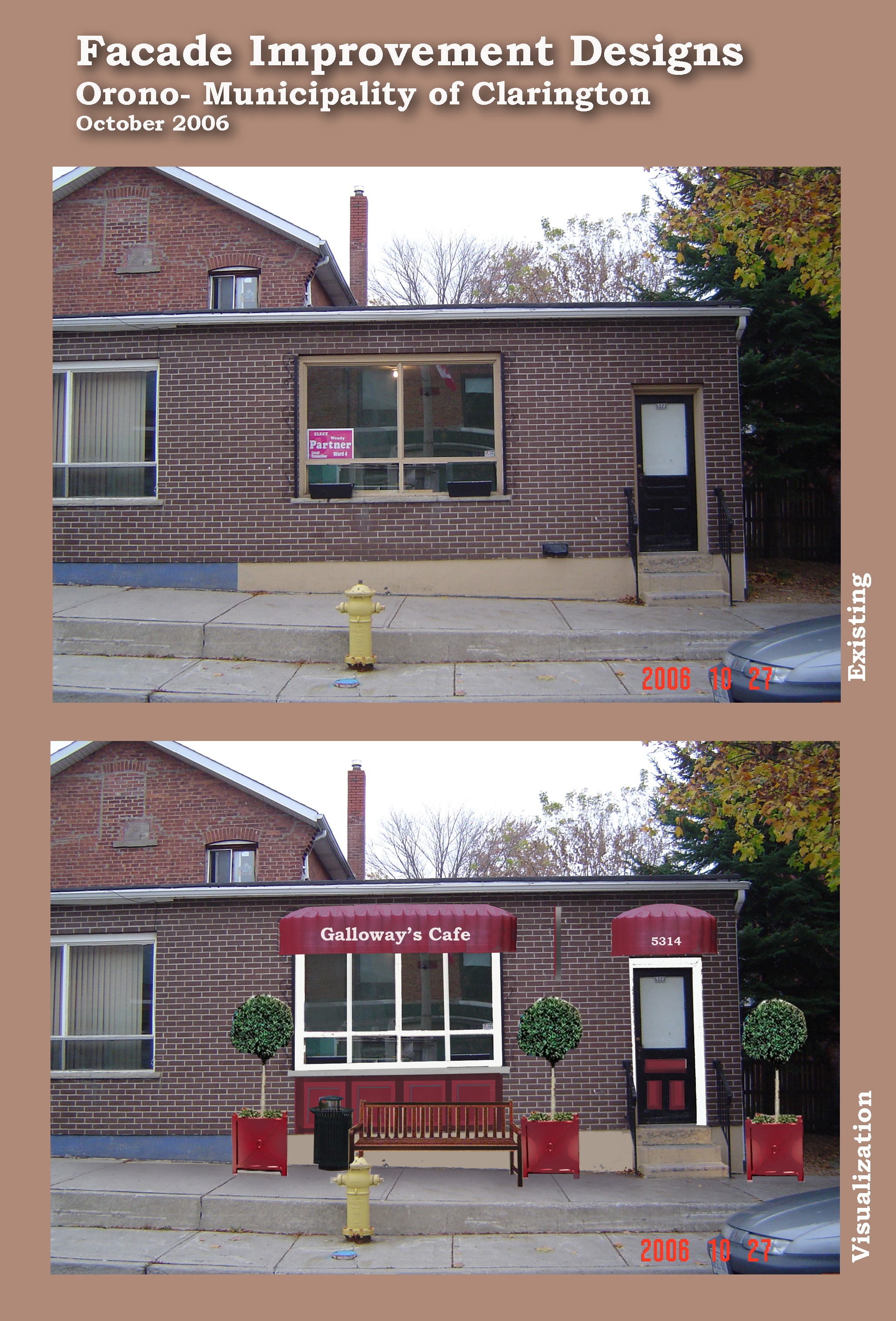 Façade Improvement Galloway's Cafe, Orono, before and after