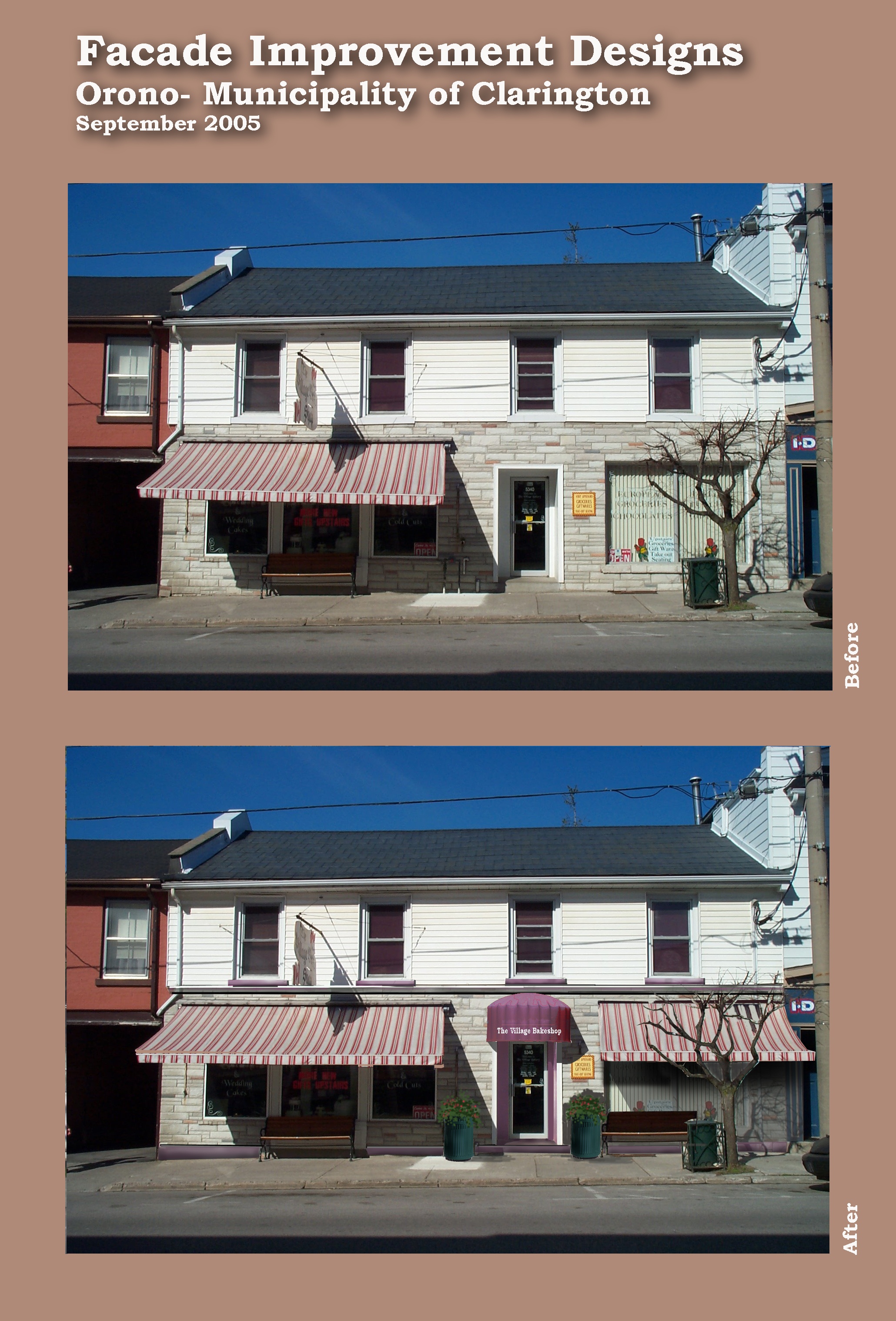 Façade Improvement Village Bakery, Orono, before and after