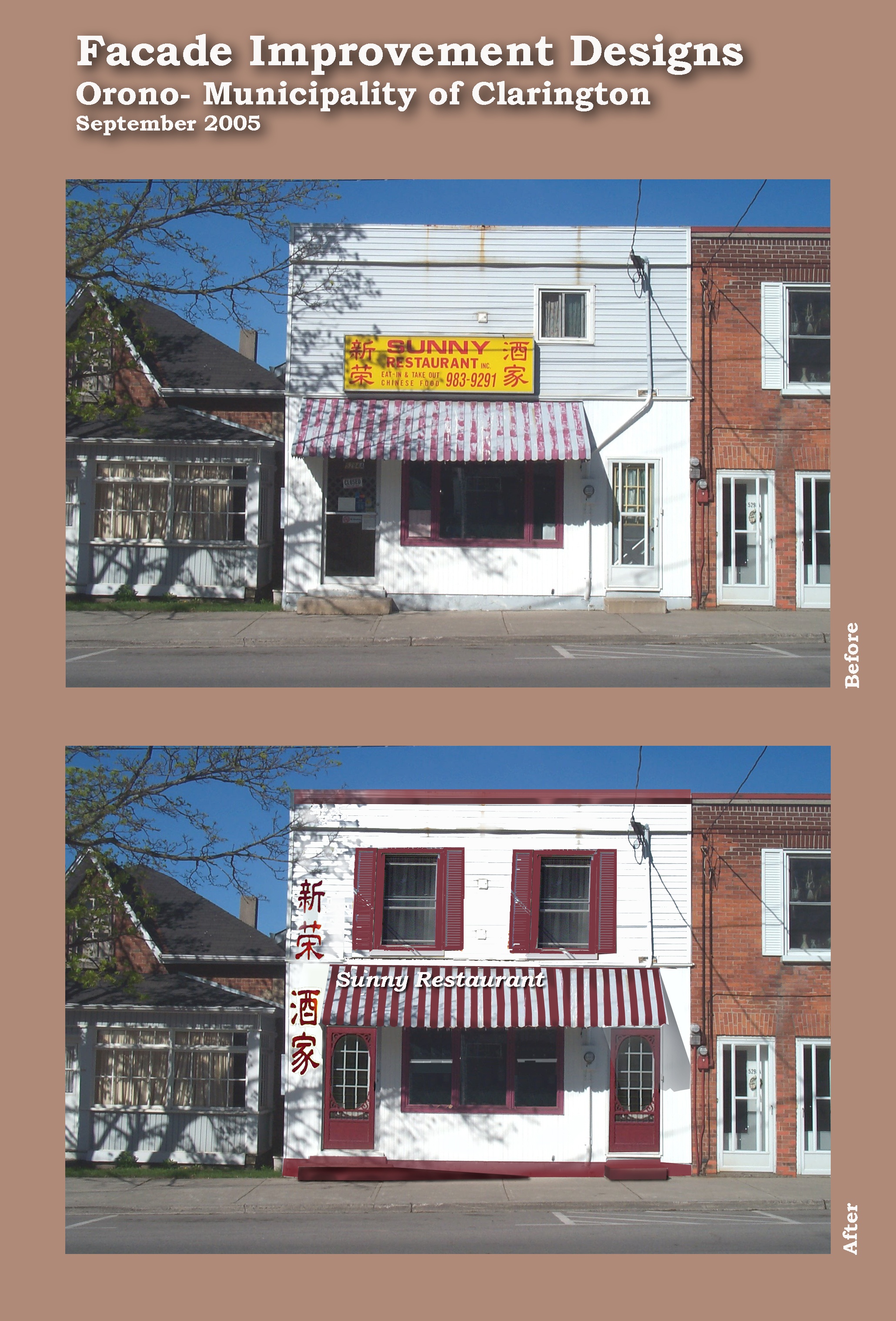 Façade Improvement Sunny Restaurant, Orono, before and after