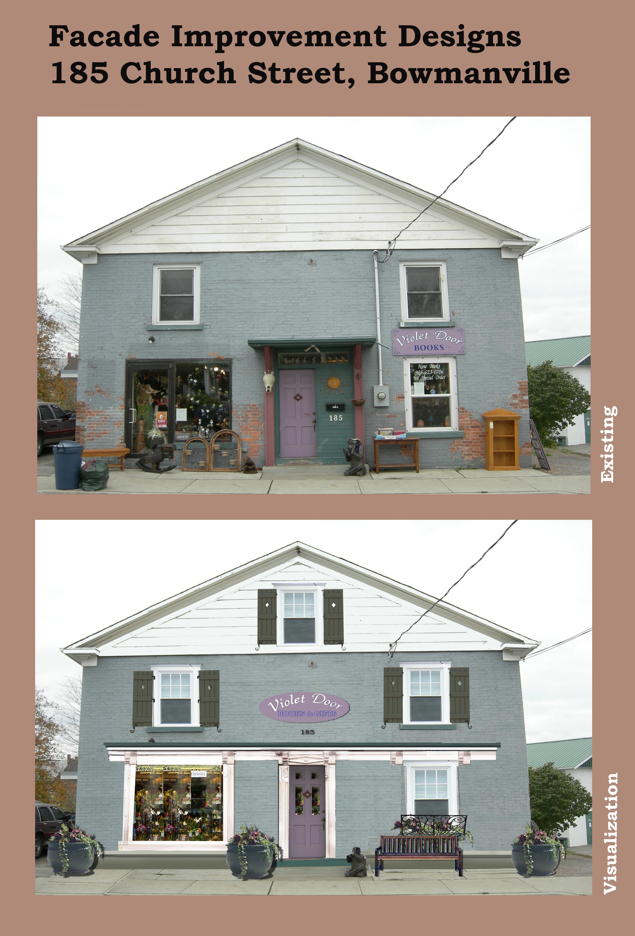Façade Improvement Violet Door Books & Gifts, before and after